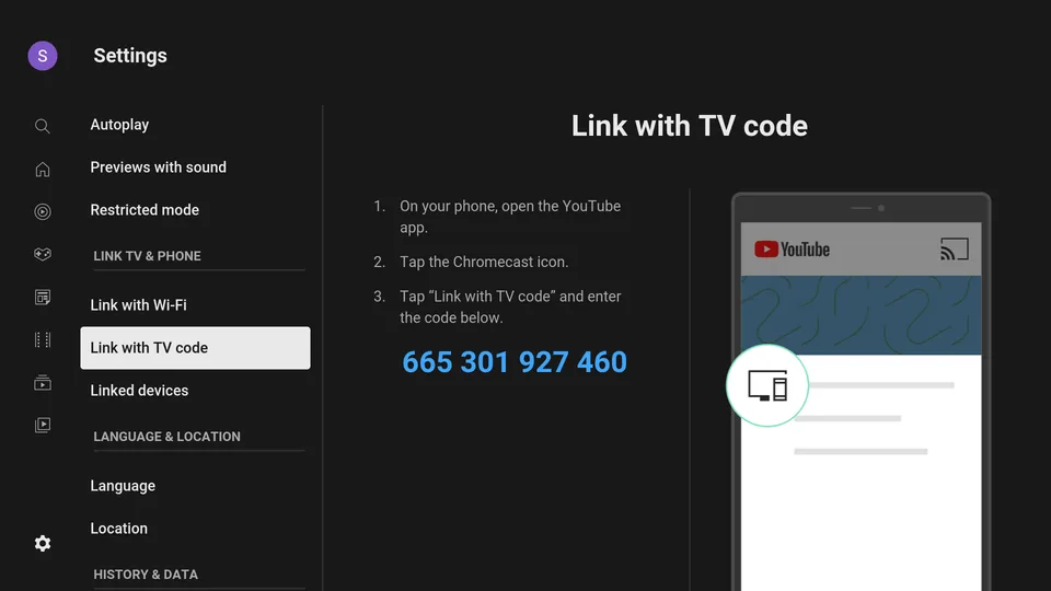 The "Link with TV code" screen in the YouTube app on a Smart TV